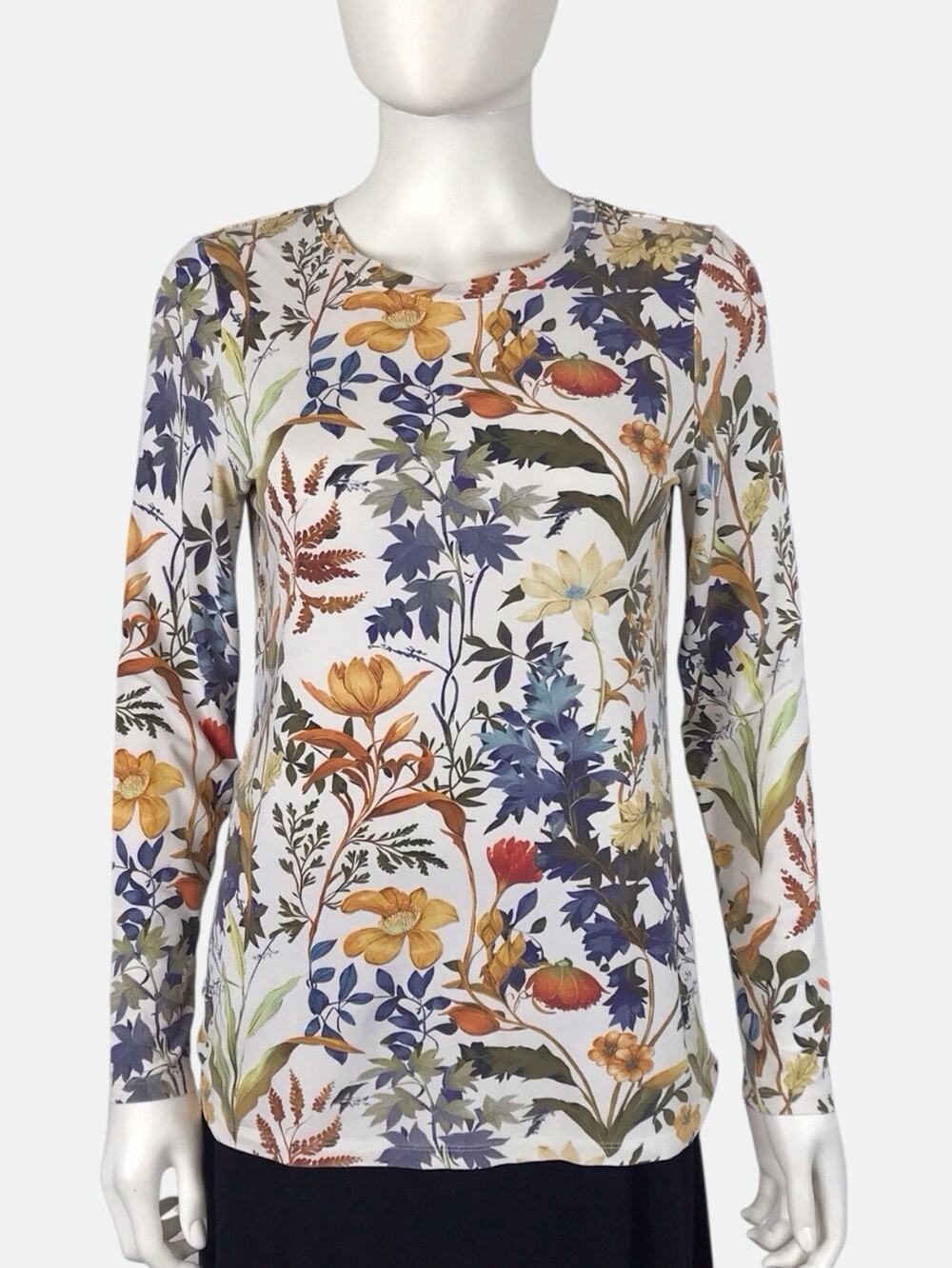 Chico's White Blue Orange Floral Crewneck Tee Touch of Cool Long Sleeve